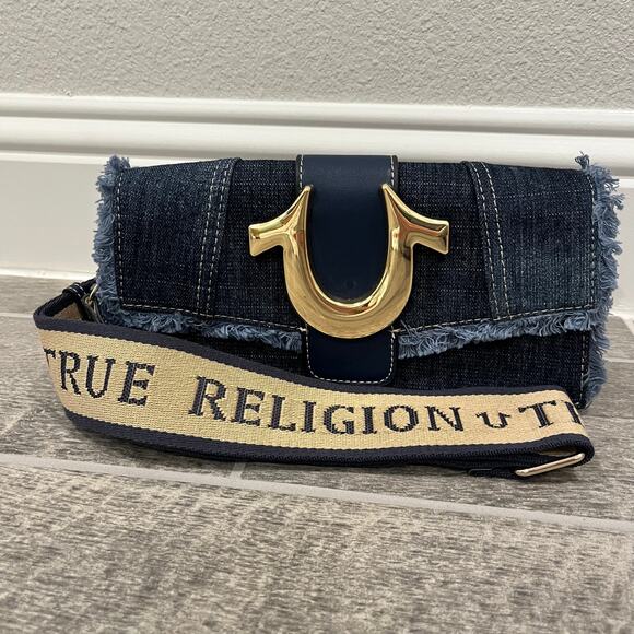 True Religion: Women's Y2K Frayed Denim Crossbody Adjustable Shoulder Bag - Picture 1 of 13